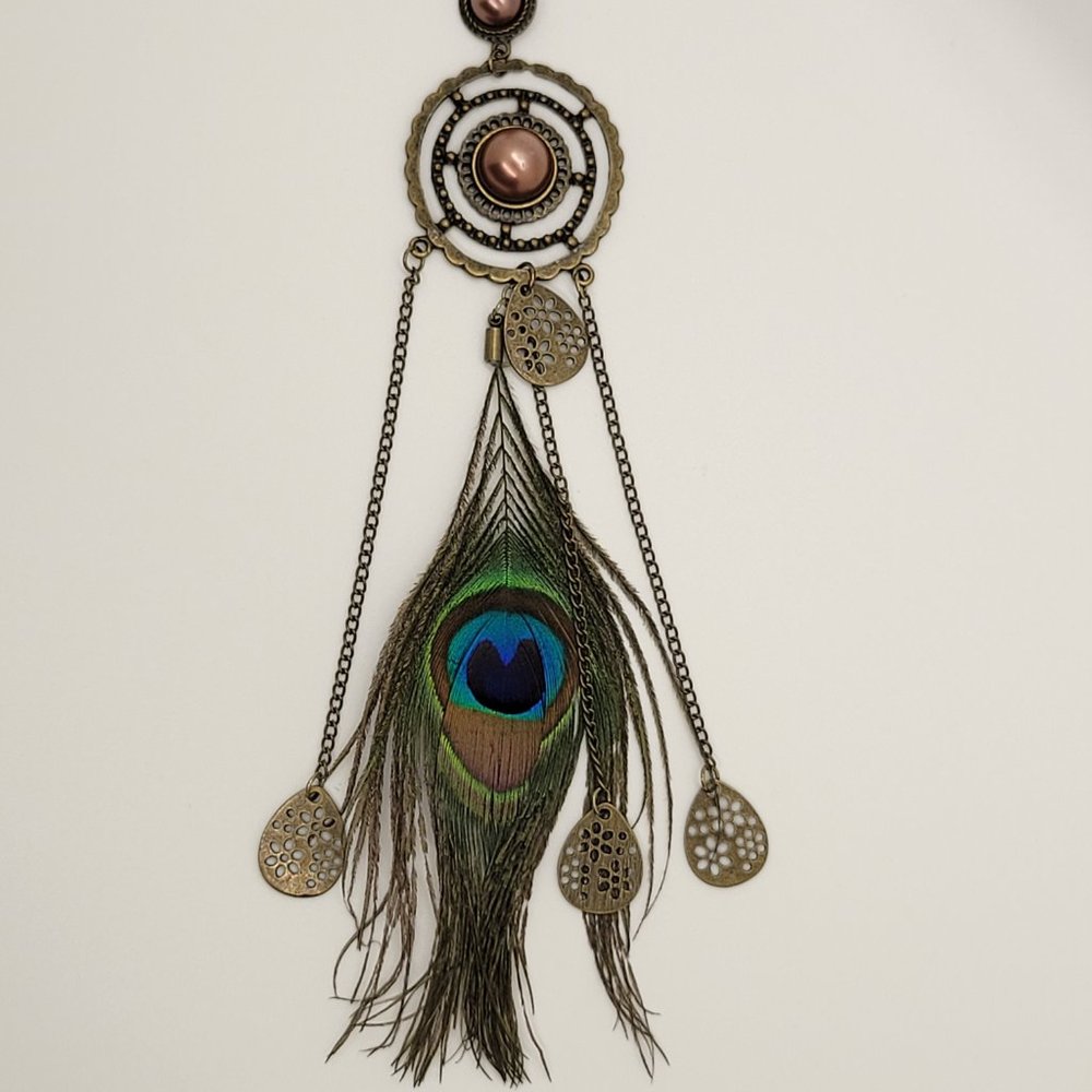 Scarf or Necklace Jewelry, with Peacock Feather and Antique coloring